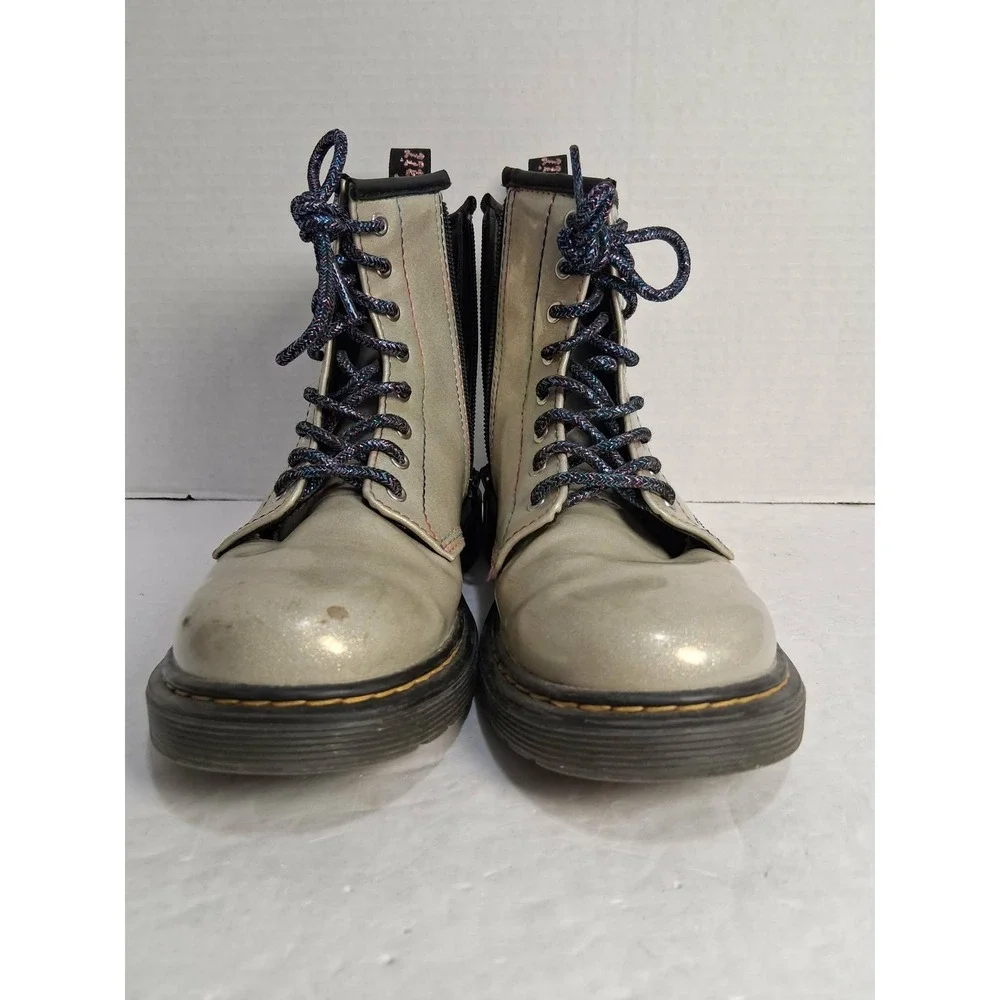 Dr Martens Kids Glitter Lace Up Zip Combat‎ Boots Silver Size US 4 M READ